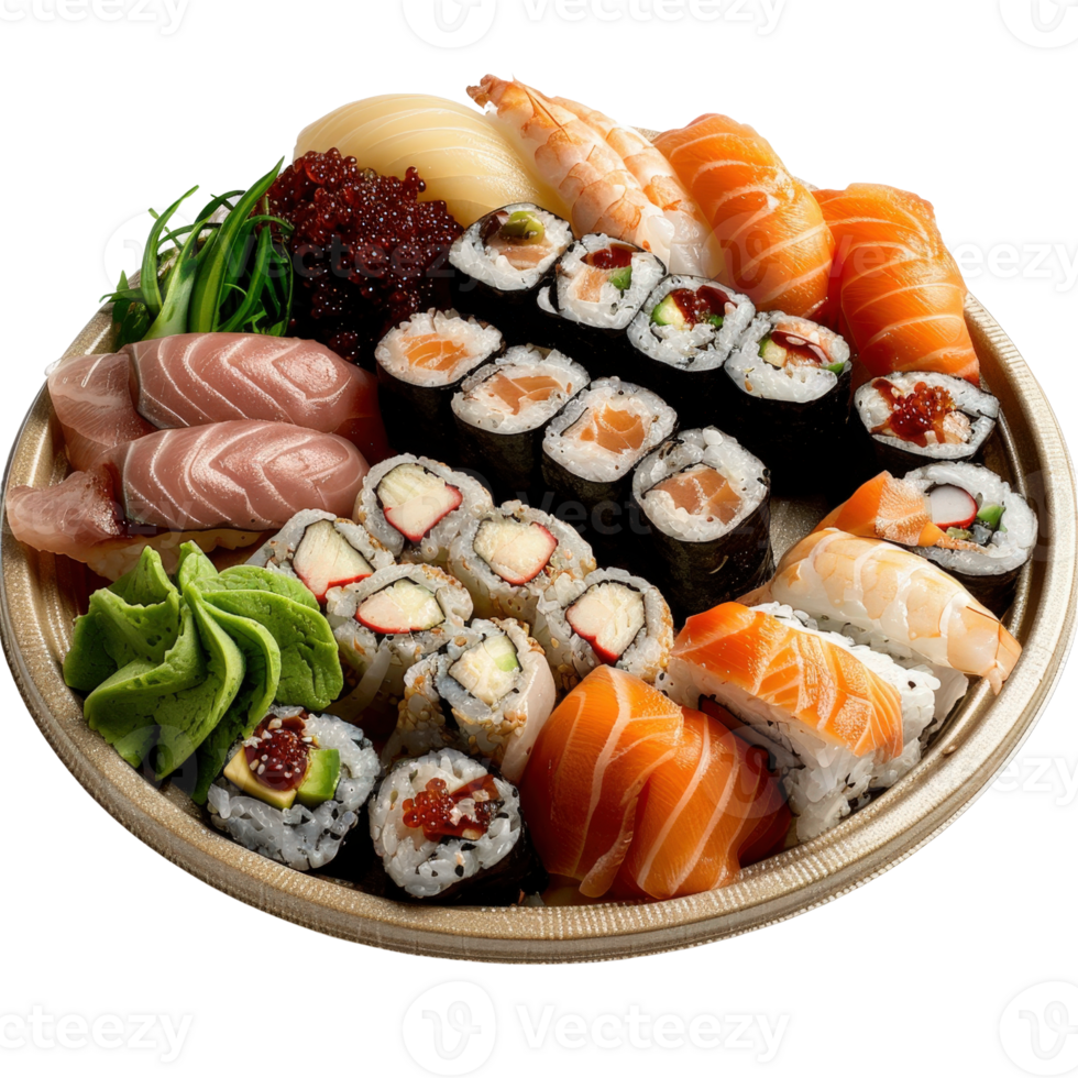 Fresh and Colorful Sushi Platter with Assorted Rolls, Sashimi, and Toppings Perfect for Japanese Cuisine Lovers png