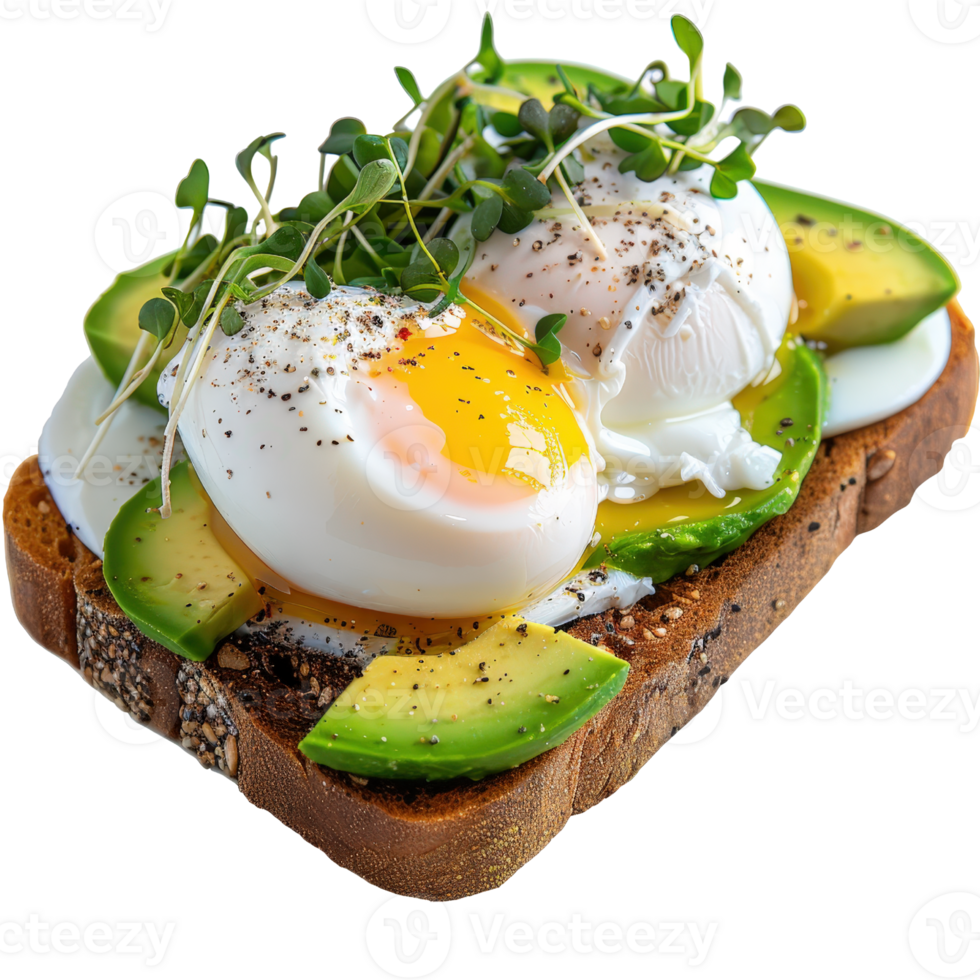 Delicious and Healthy Avocado Toast with Poached Eggs and Microgreens on Artisan Bread png