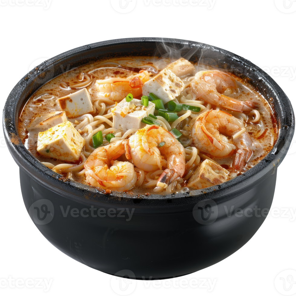 Delicious shrimp noodle soup with tofu in a steaming black bowl garnished with green onions and spices png