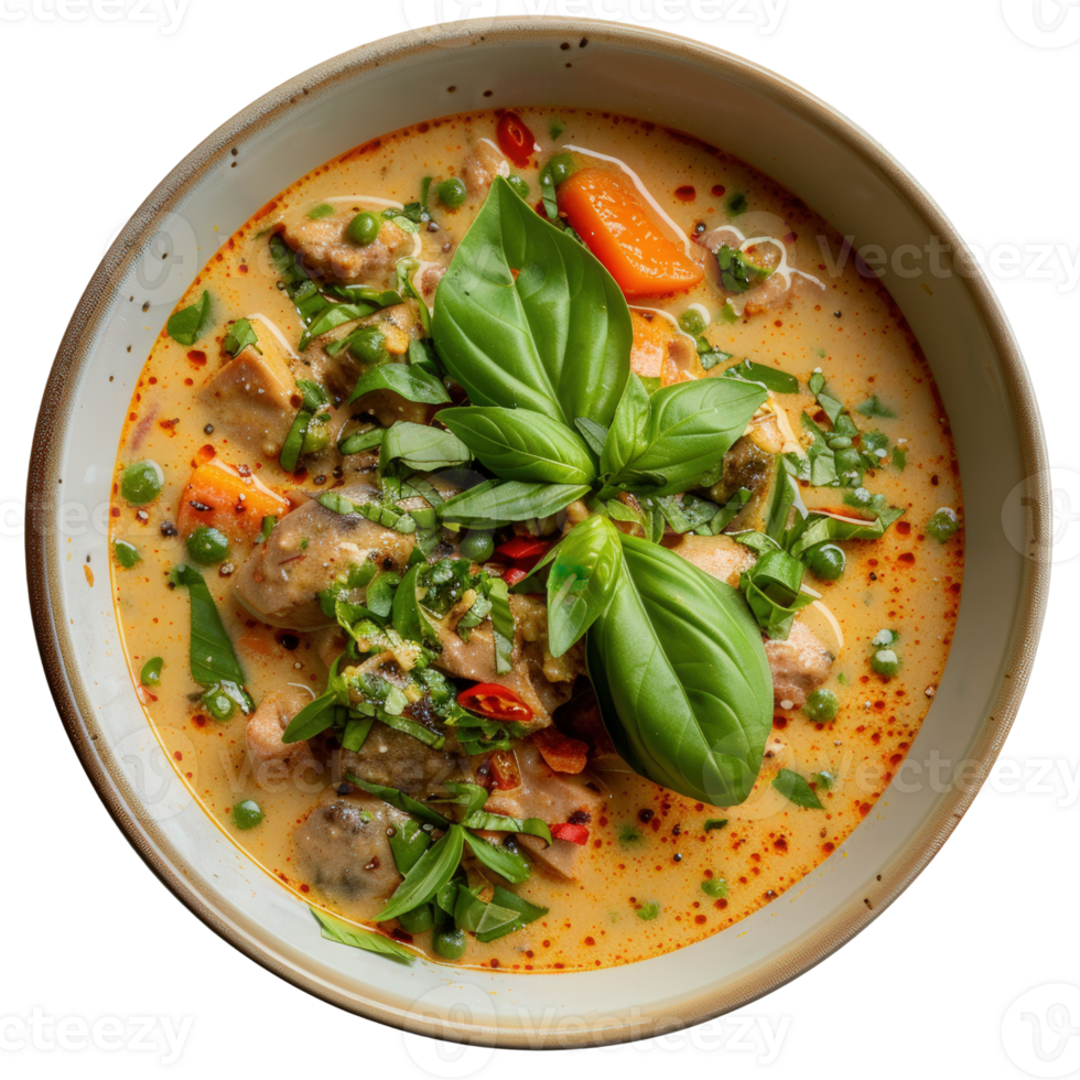 Flavorful Creamy Coconut Curry with Fresh Vegetables and Herbs in a Bowl on a Wooden Table png
