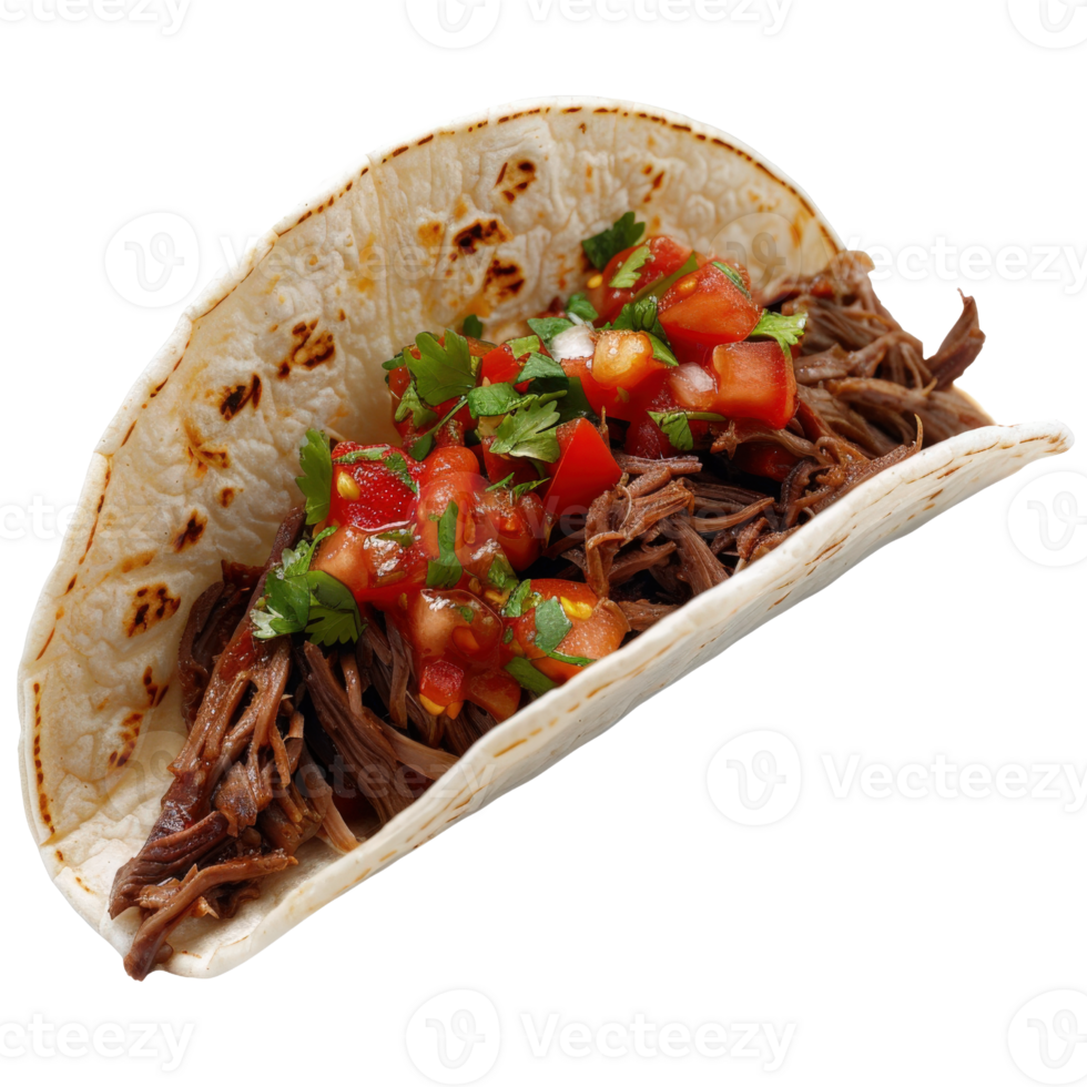 Flavorful beef taco with fresh salsa and cilantro on a soft tortilla shell for a delicious meal experience png