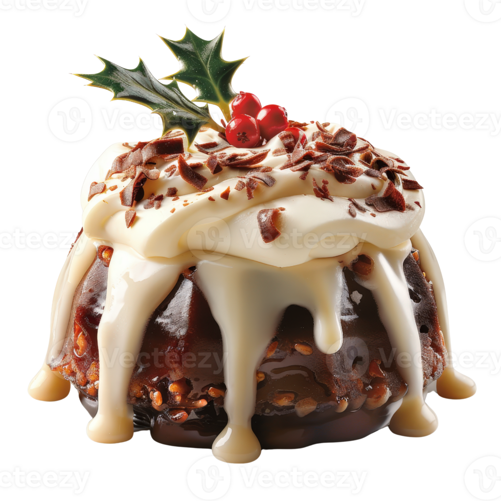 Traditional Christmas Pudding with Rich Creamy Topping, Festive Holly, and Shaved Chocolate Garnish png