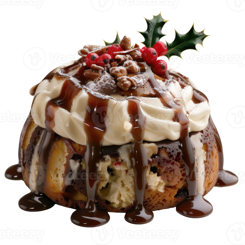 Festive Chocolate Cake with Creamy Frosting, Nuts, and Holly Decorations Perfect for Holiday Celebrations and Gatherings png