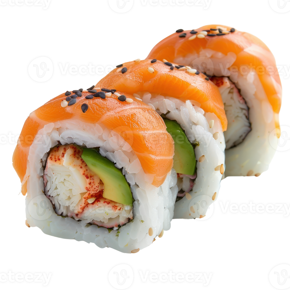 Fresh Sushi Rolls with Salmon, Avocado, and Creamy Spicy Sauce Perfect for Culinary Delights and Food Photography png