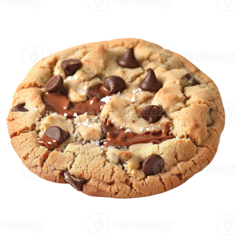 Freshly Baked Chocolate Chip Cookie with Melting Chocolate and Sea Salt on Top, Perfect for Dessert Lovers png