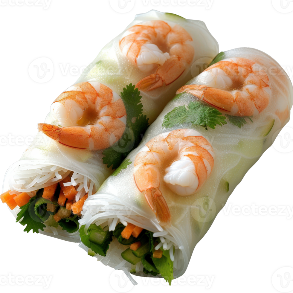 Fresh and Colorful Shrimp Spring Rolls with Vegetables and Herbs in Transparent Rice Paper Wraps png
