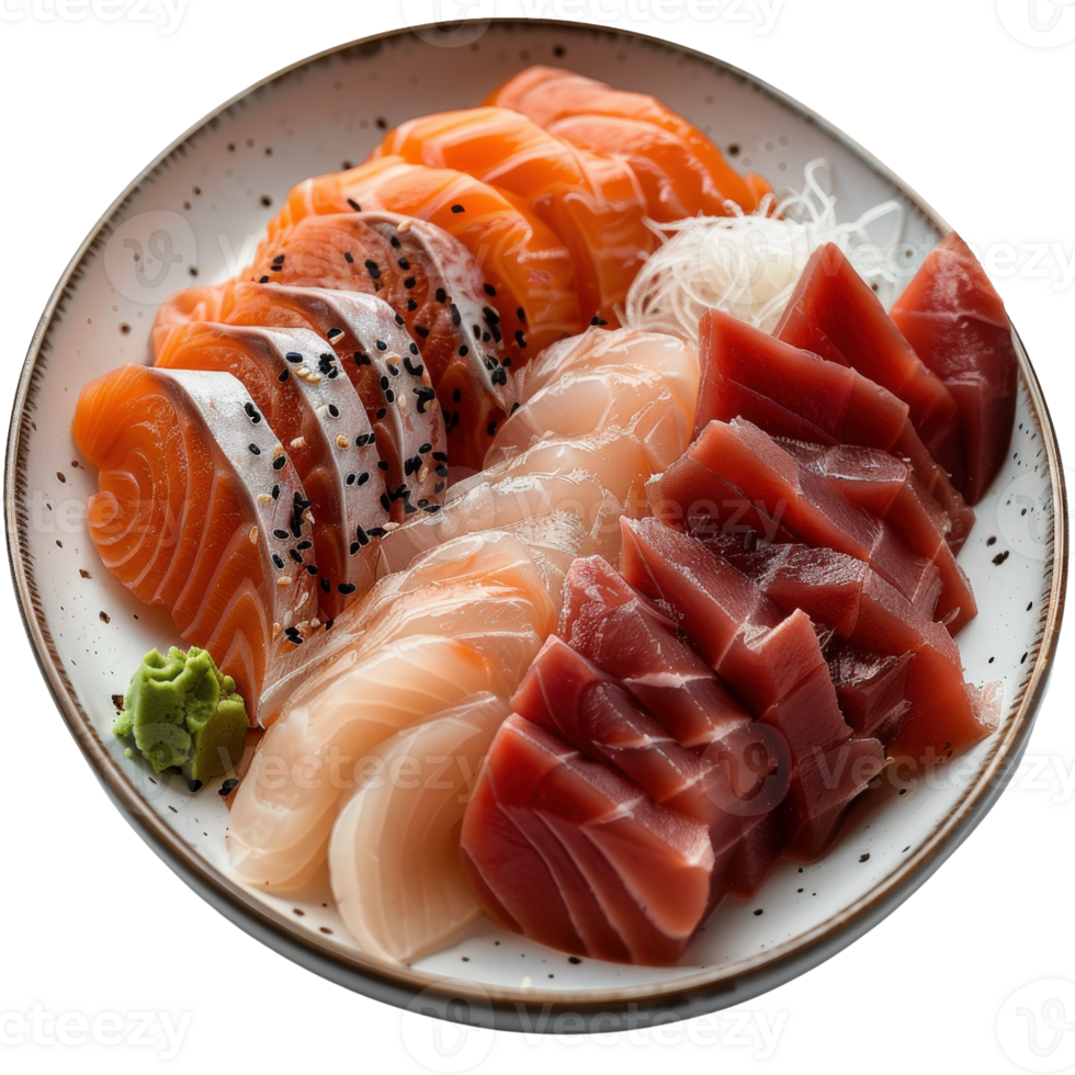 Fresh and Colorful Sashimi Platter with a Variety of Fish on a White Plate Garnished with Wasabi and Garnish png