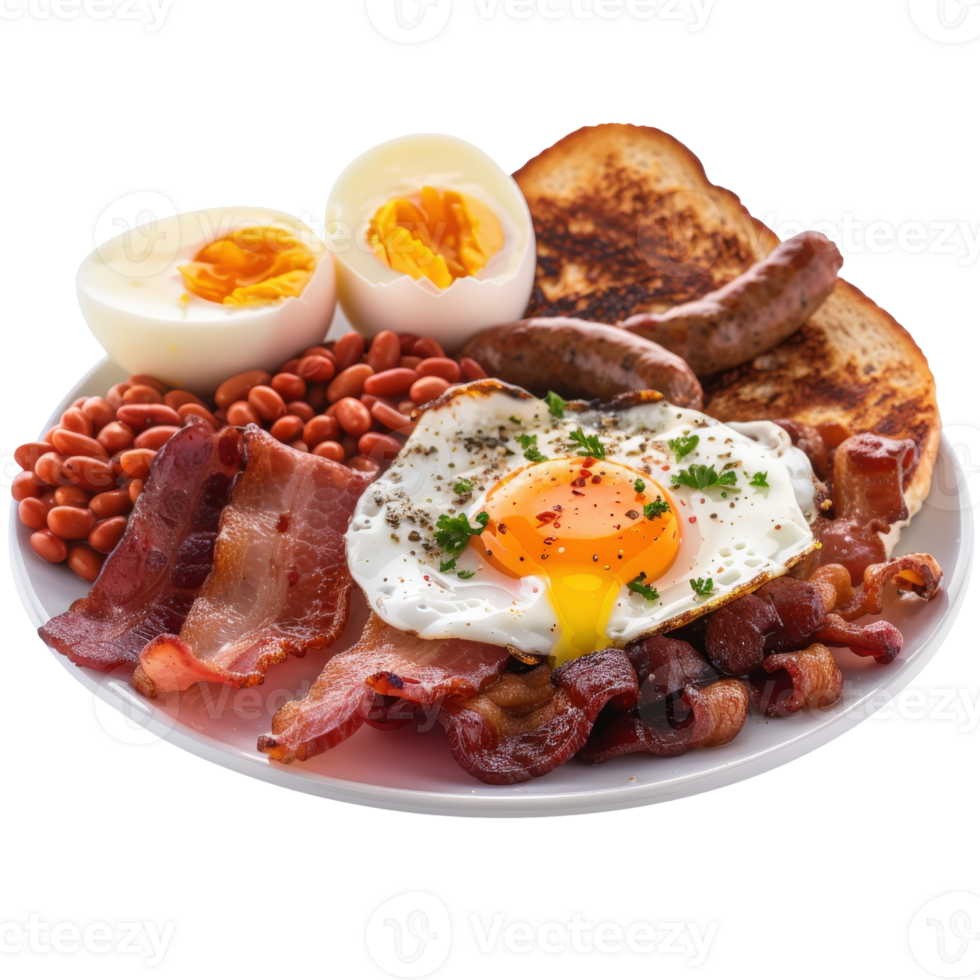 Delicious Full Breakfast Plate with Bacon, Eggs, Sausages, Toast, Beans, and Garnish Served on a White Plate png