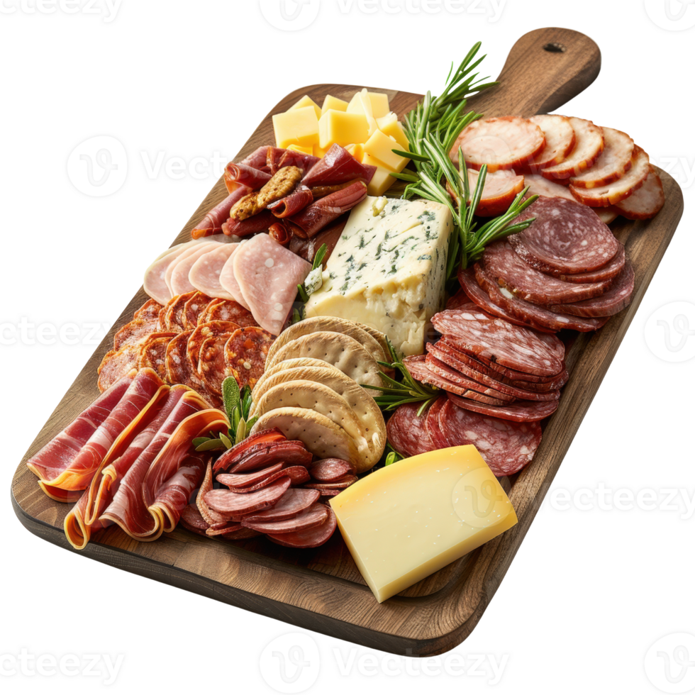 Artisanal Meat and Cheese Platter with Fresh Herbs on Wooden Board Displaying Gourmet Ingredients for Entertaining png