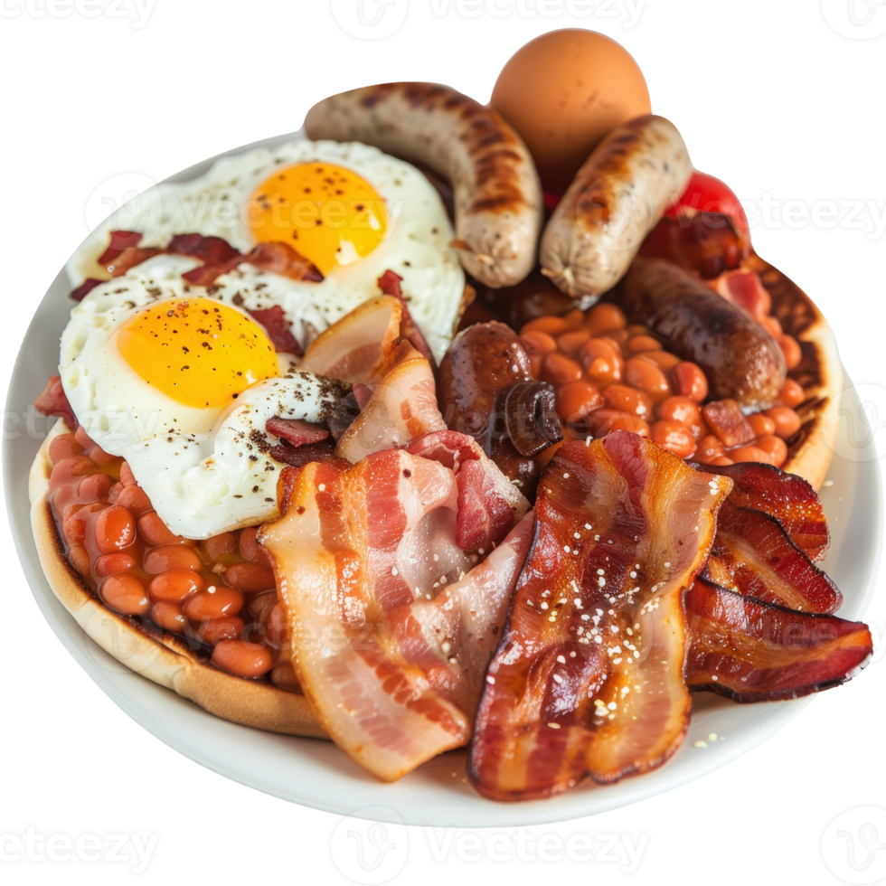 Hearty Traditional Breakfast Plate with Eggs, Sausages, Bacon, Baked Beans, and Toasted Bread on a White Plate png