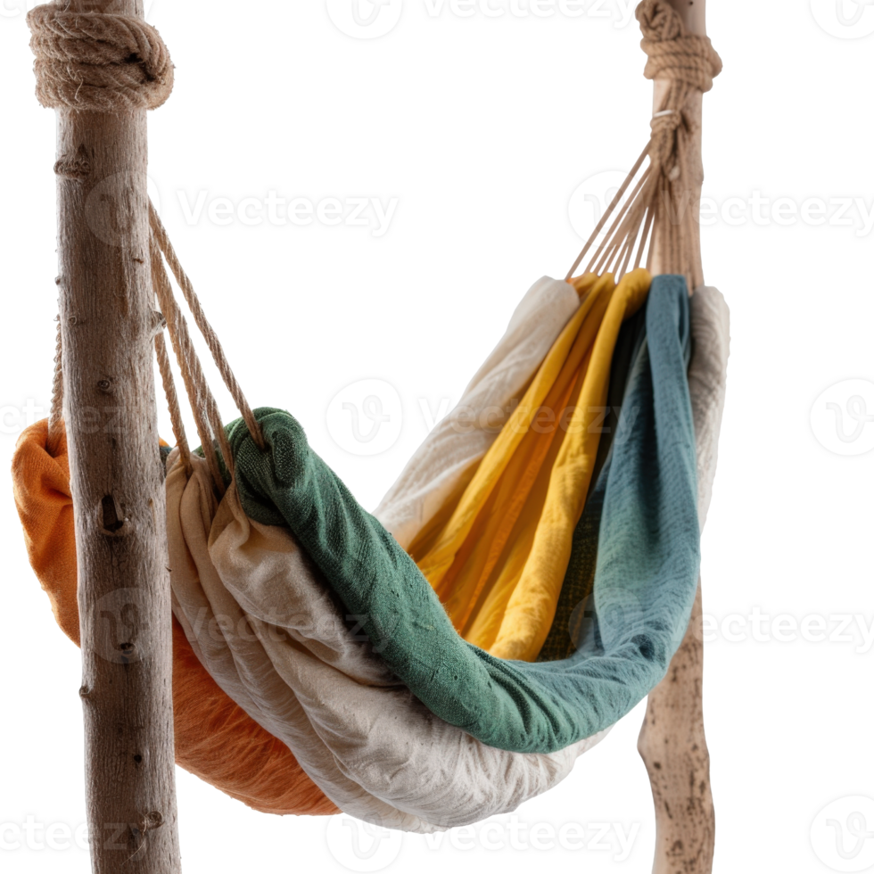 Colorful Cotton Hammock Hanging on Wooden Stand for Relaxation and Outdoor Leisure in a Bright and Cozy Setting png