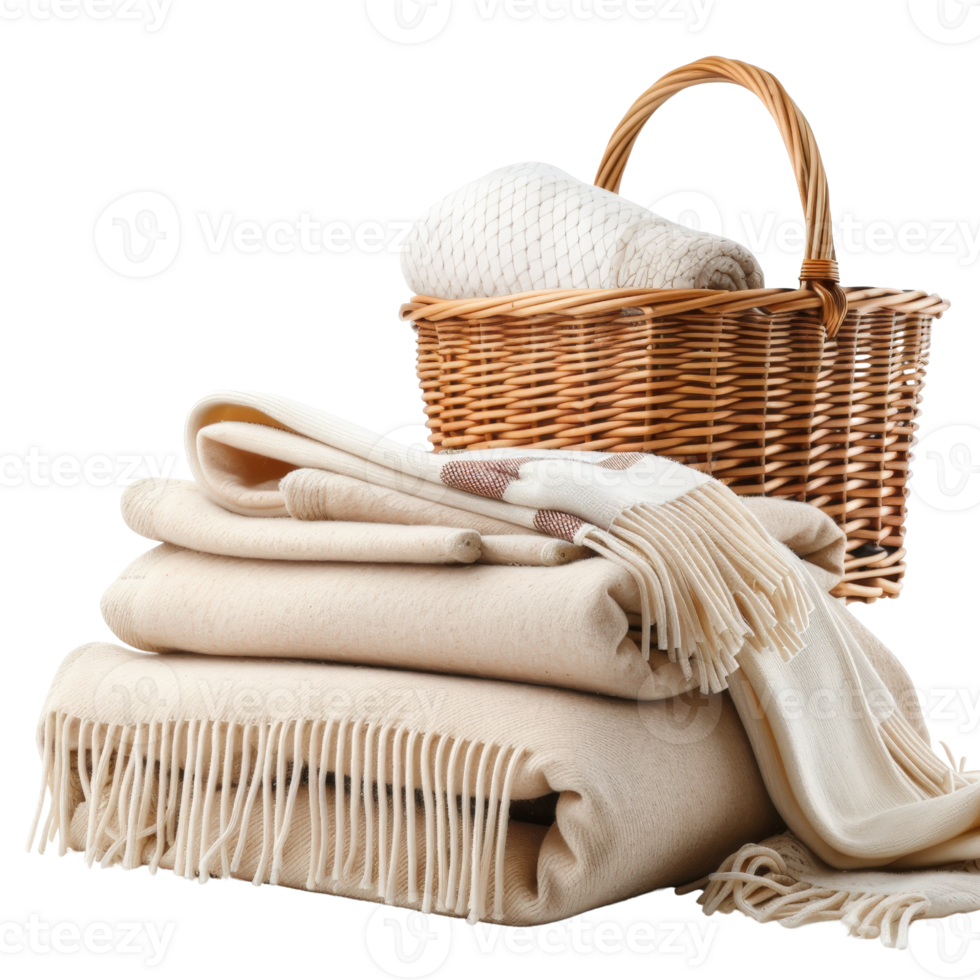 Cozy and Soft Beige Blankets Stacked with a Woven Basket on a White Background for Home Decor and Comfort Themes png