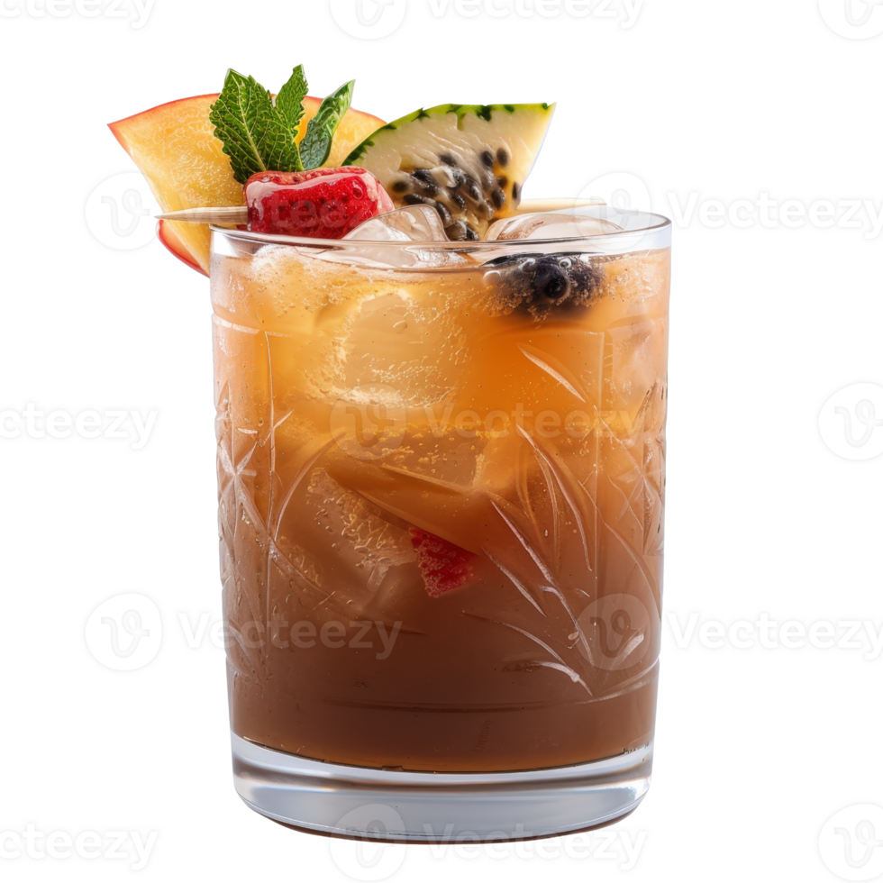 Refreshing tropical cocktail with vibrant fruits and ice in a clear glass on a white background png