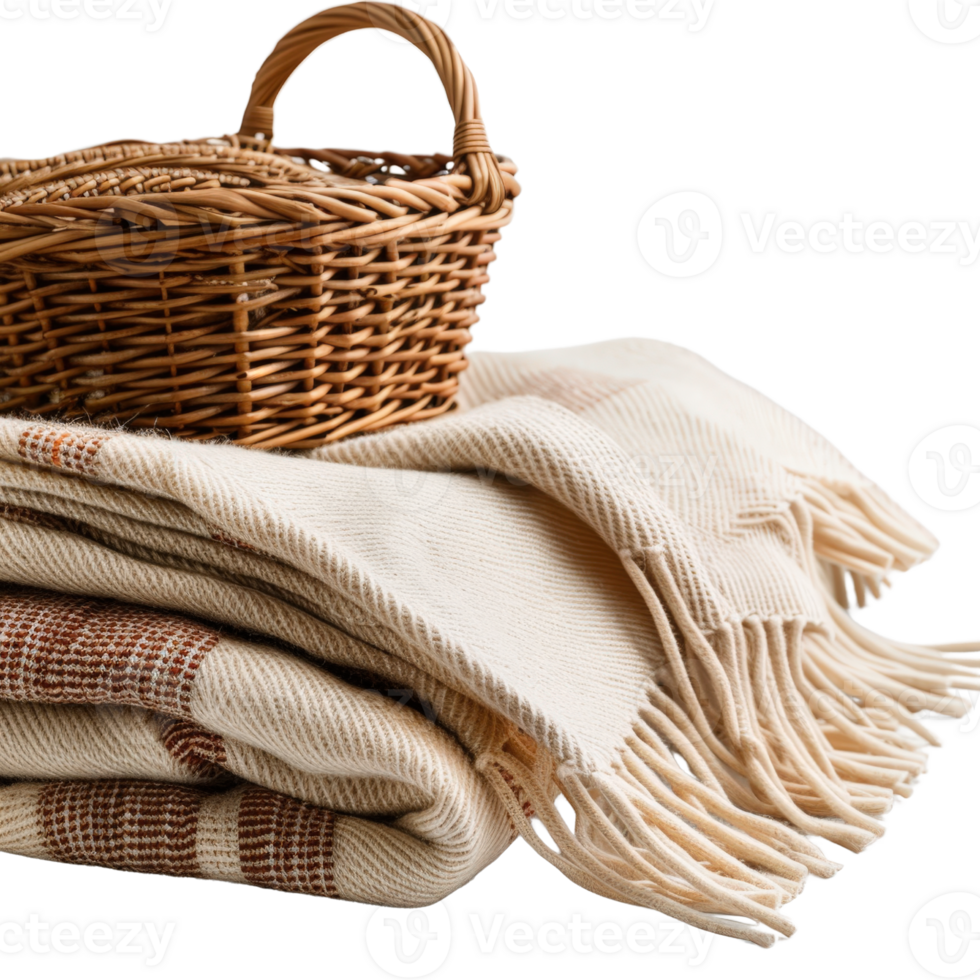 Cozy woven blanket and rustic wicker basket on a textured surface, ideal for home decor or lifestyle photography png