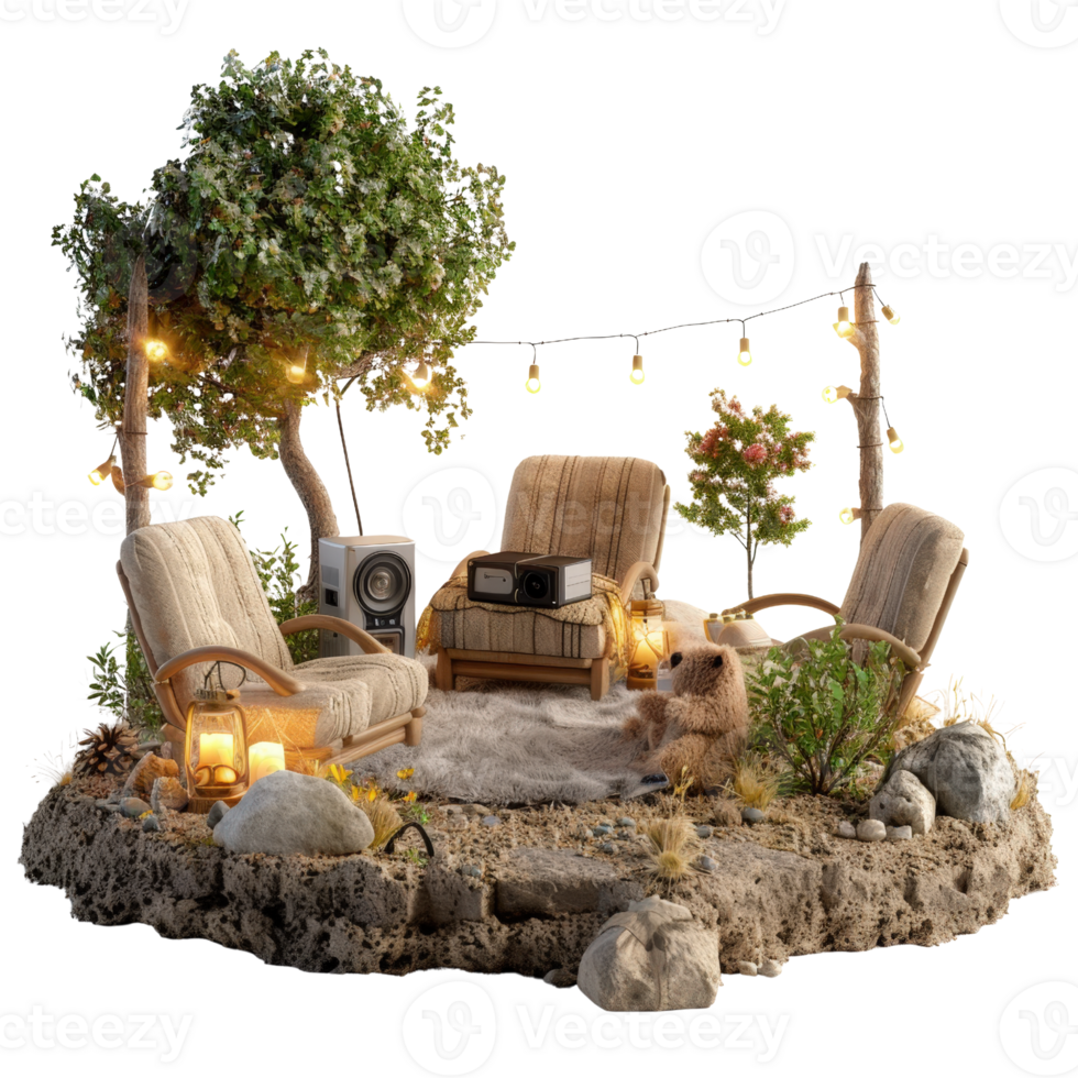 Cozy outdoor seating area with vintage audio equipment and decorative lights amidst lush greenery and natural textures png