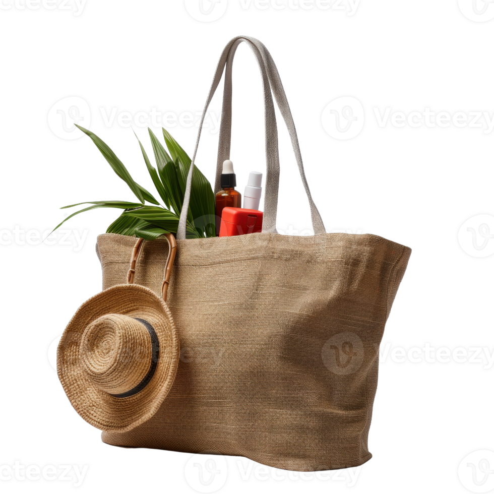 Stylish Beach Tote Bag with Straw Hat and Tropical Plants for Summer Outings and Vacations png