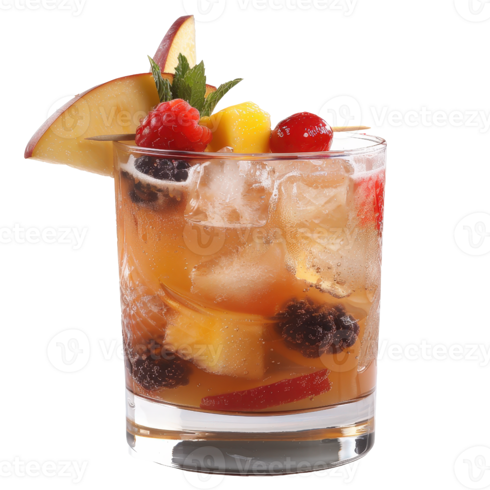 Refreshing Fruit Cocktail with Ice and Garnish in a Glass with Colorful Berries and Fresh Fruits png
