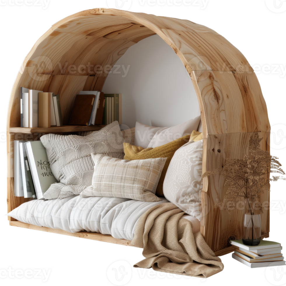 Cozy wooden nook with cushions, books, and a warm blanket for relaxation and reading in a serene indoor environment png