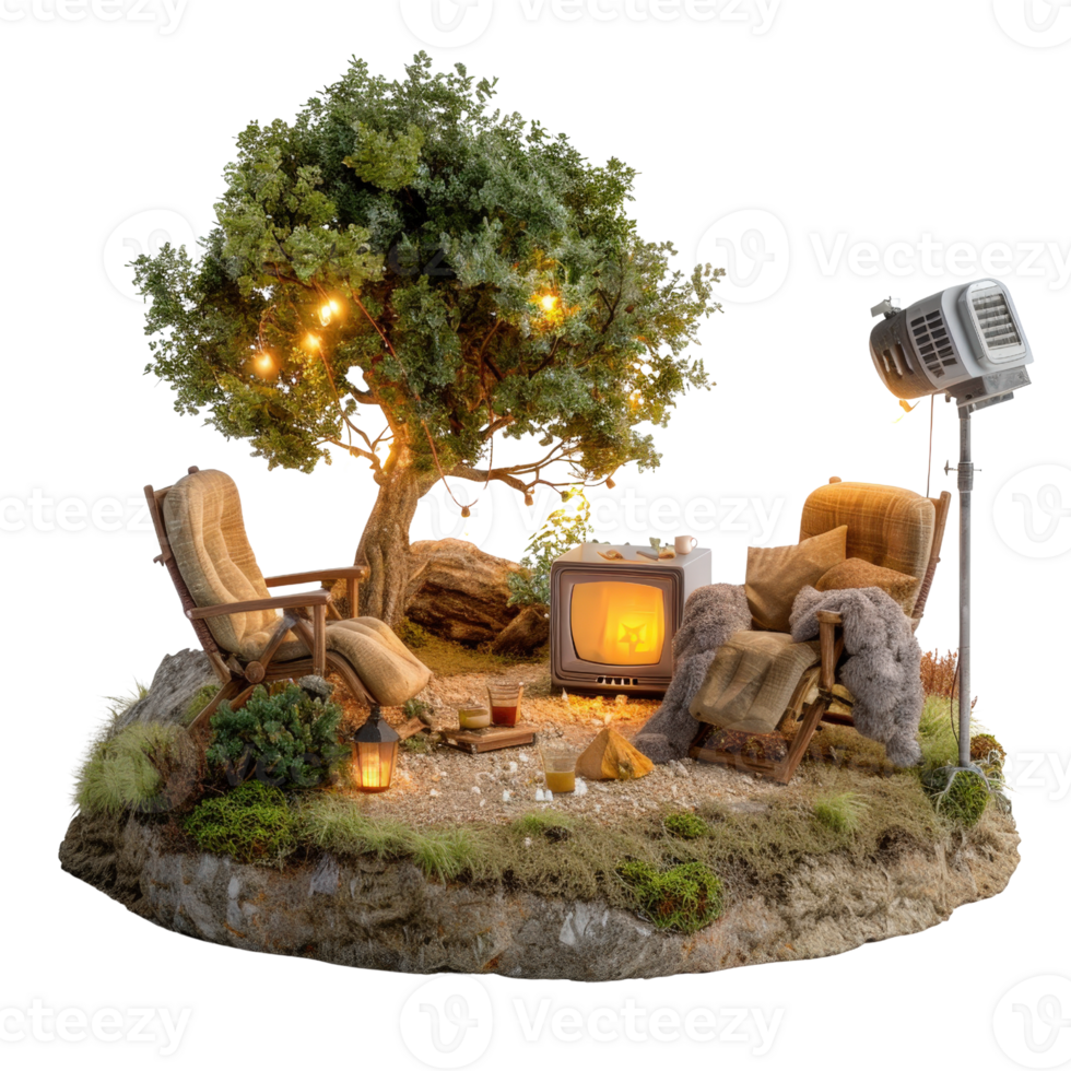 Cozy Outdoor Retreat with Tree, Soft Textiles, Vintage TV, and Ambient Lights in a Natural Setting png