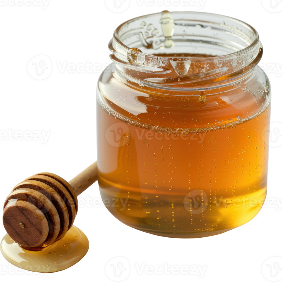 Glass jar filled with honey and a wooden honey dipper resting beside it, creating an inviting kitchen scene png