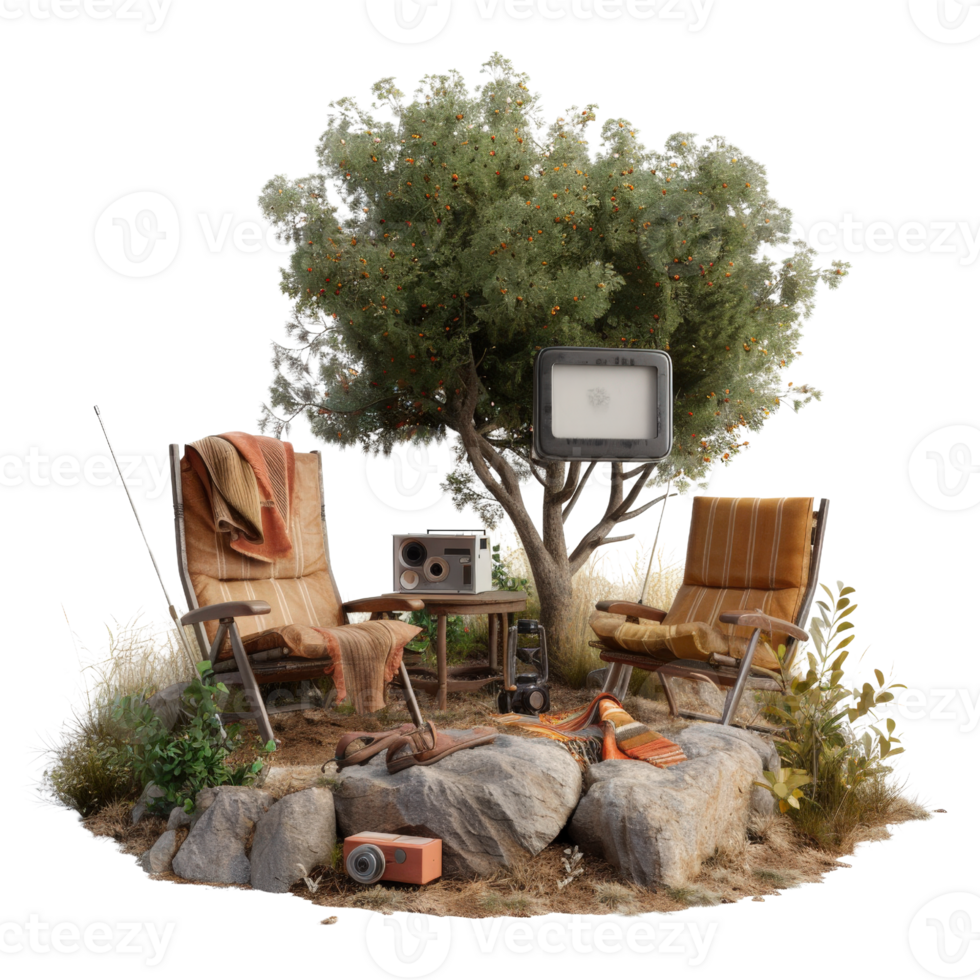 Cozy Outdoor Retreat with Vintage Chairs, Warm Textiles, and Retro Accessories Nestled Under a Lush Green Tree png