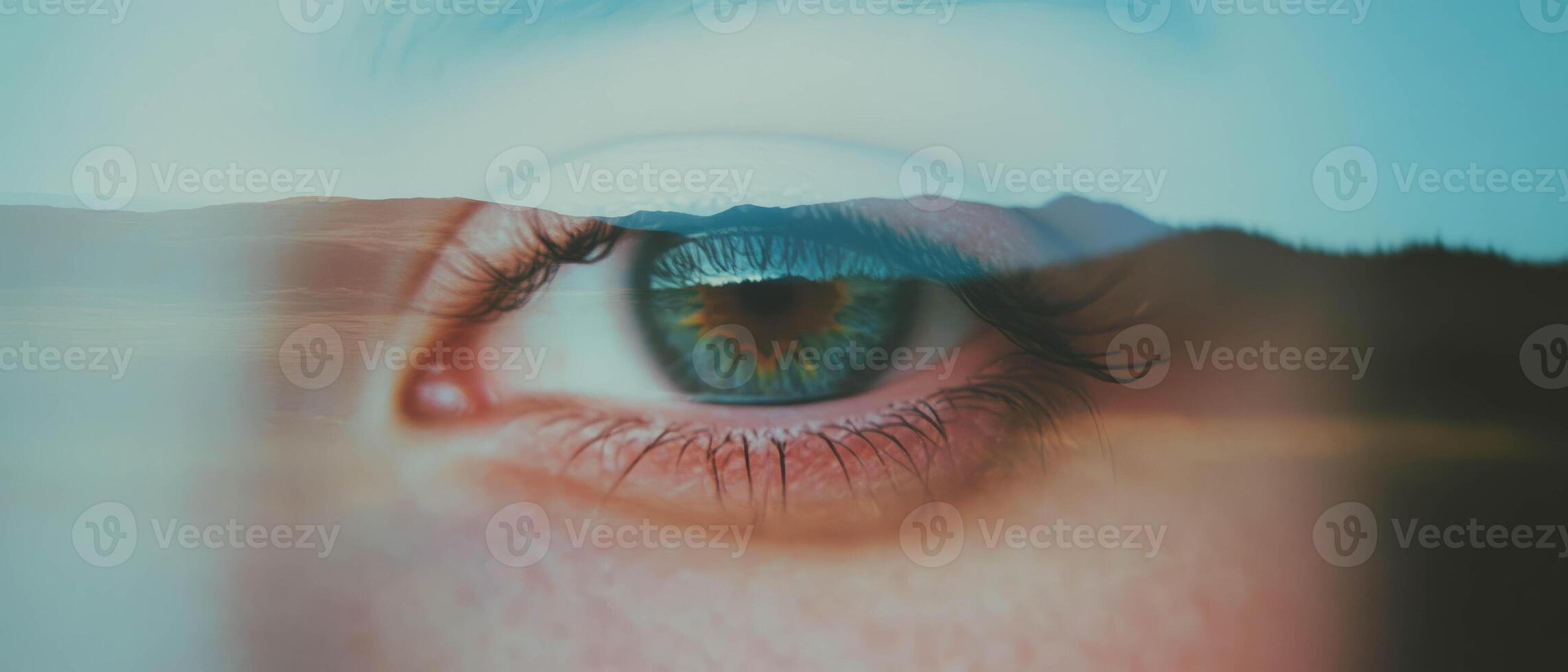 Close-up eye with double exposure revealing vast landscape and intricate details photo