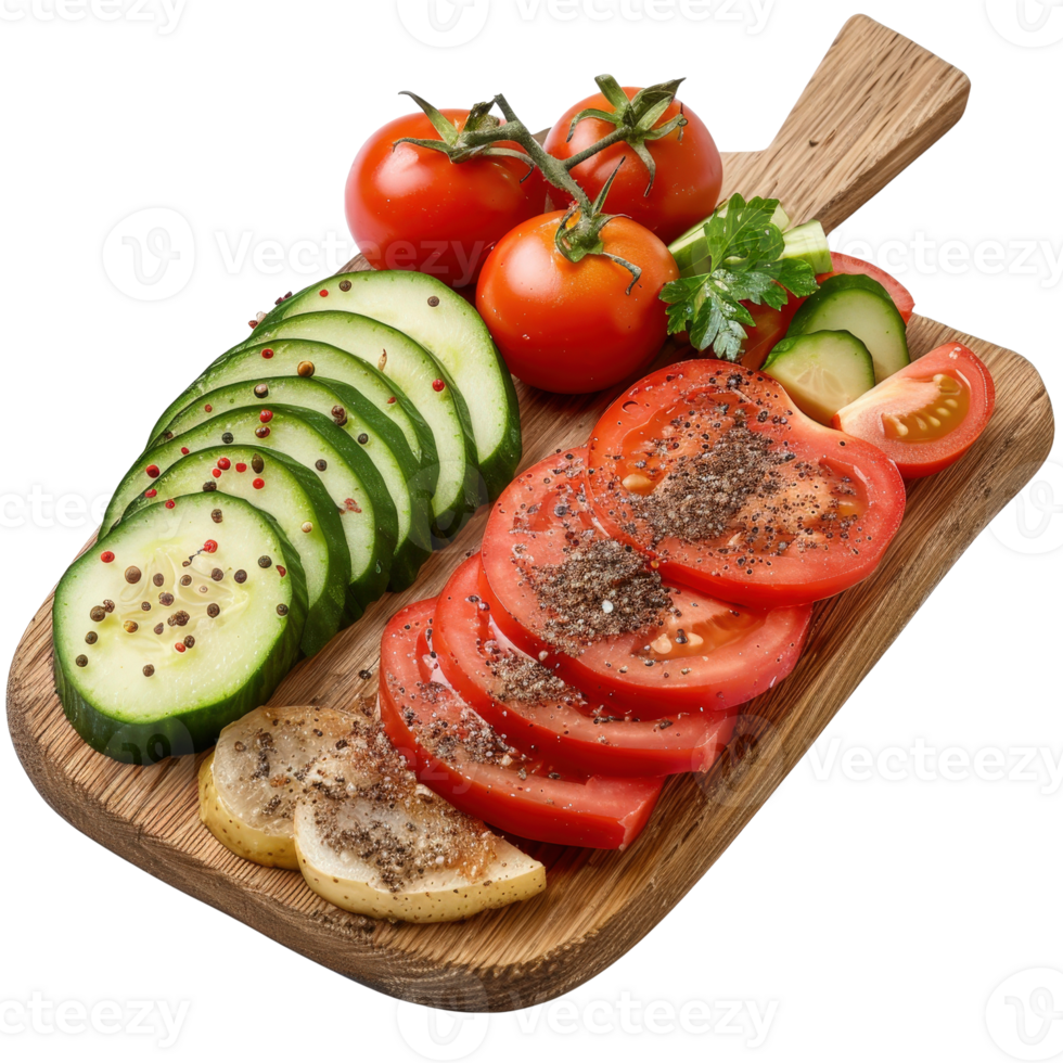 Freshly Sliced Vegetables and Herbs on a Wooden Cutting Board with Cherry Tomatoes and Cucumber Decorations png