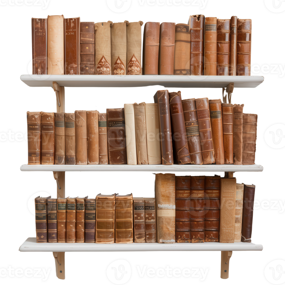 Vintage Books on Wooden Shelves in a Library Setting with Warm Tones and Classic Binding Styles png