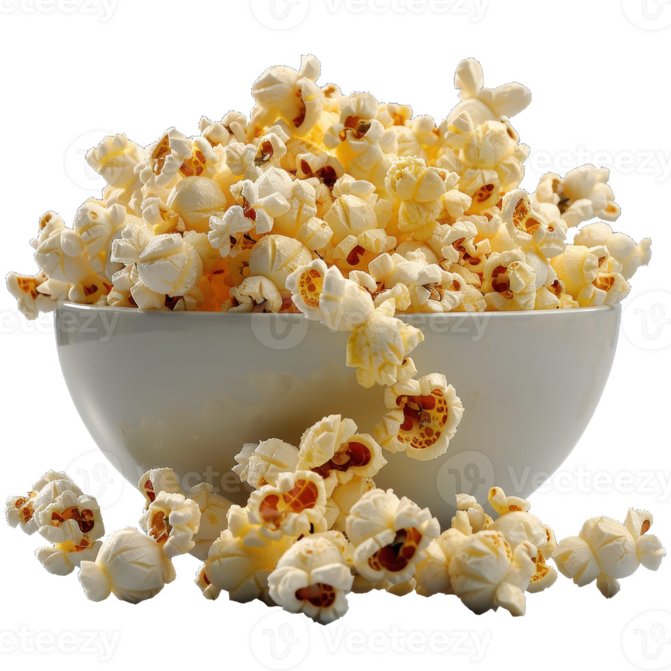 Freshly Popped Buttered Popcorn in a White Bowl Ready for Movie Night or Snacks at Home png