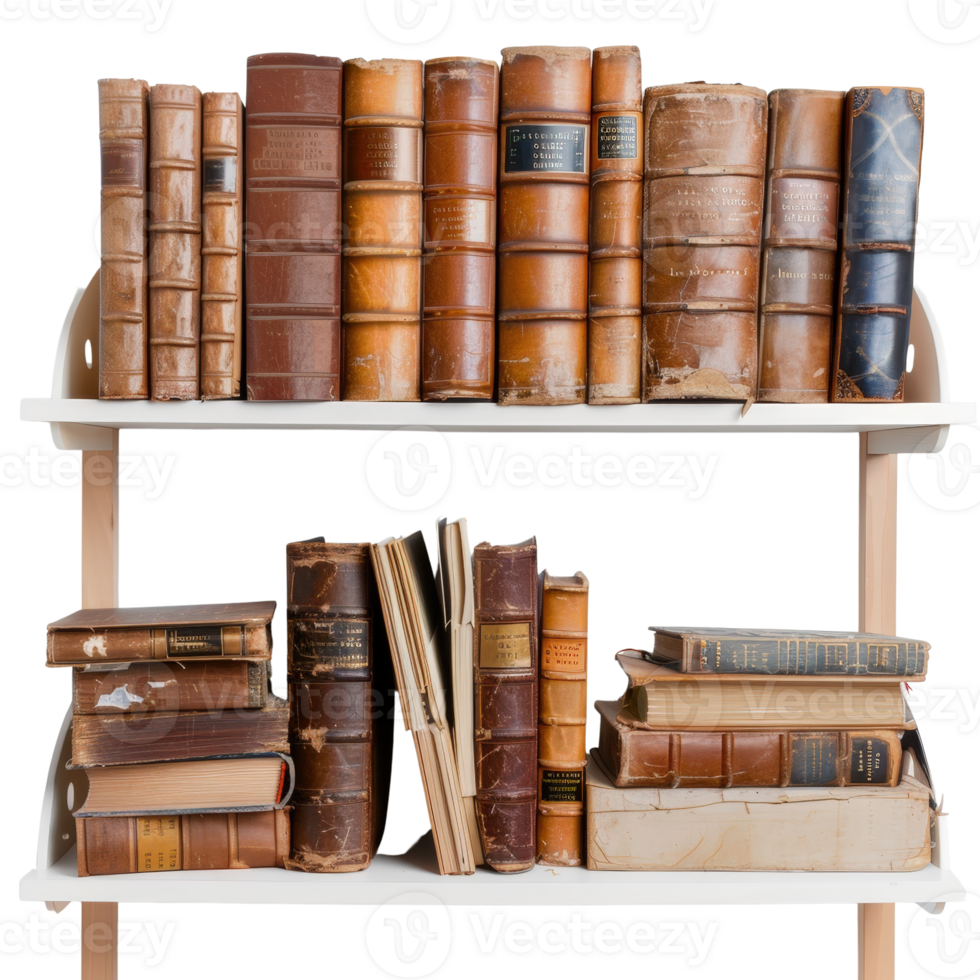 Vintage books on wooden shelf with leather bindings, old literature and classic novels in warm tones and textures png
