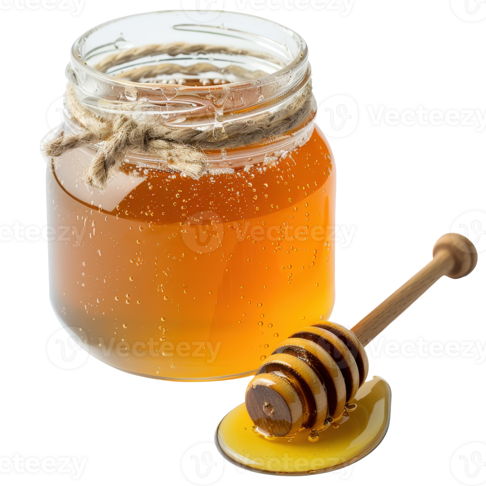 Honey in a Glass Jar with Wooden Dipper, Bubbles, Natural Sweetener, Organic Product, Healthy Food, Isolated on White Background png