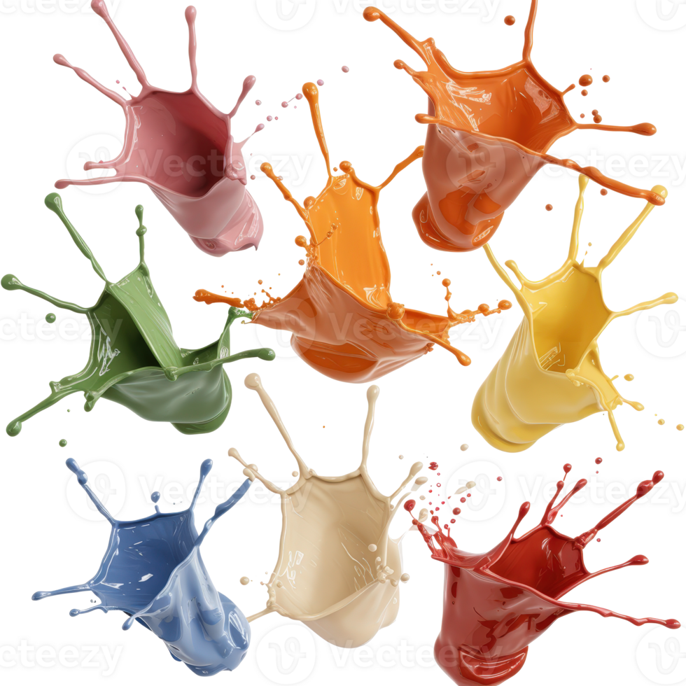 Colorful Paint Splashes in Various Shades Creating Dynamic and Artistic Patterns on a White Background png