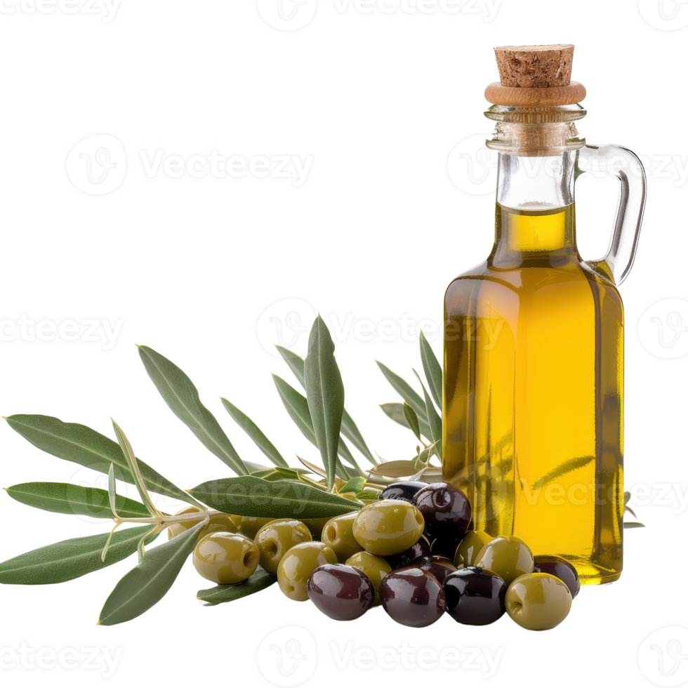 Olive oil in glass bottle with fresh green leaves and assorted olives on a white background for culinary use png