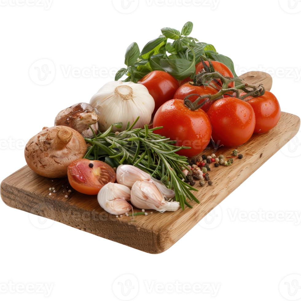 Fresh Cut Vegetables Including Tomatoes, Garlic, Onions, and Herbs on a Wooden Board for Culinary Presentation png
