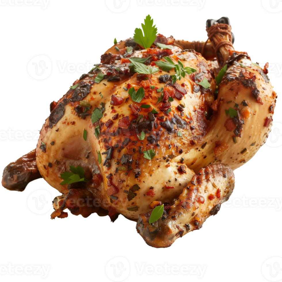 Deliciously Roasted Chicken Garnished with Fresh Herbs and Spices Perfect for Culinary Presentation png