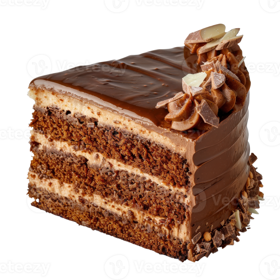 Decadent Chocolate Cake Slice with Rich Ganache and Almond Toppings on White Background png