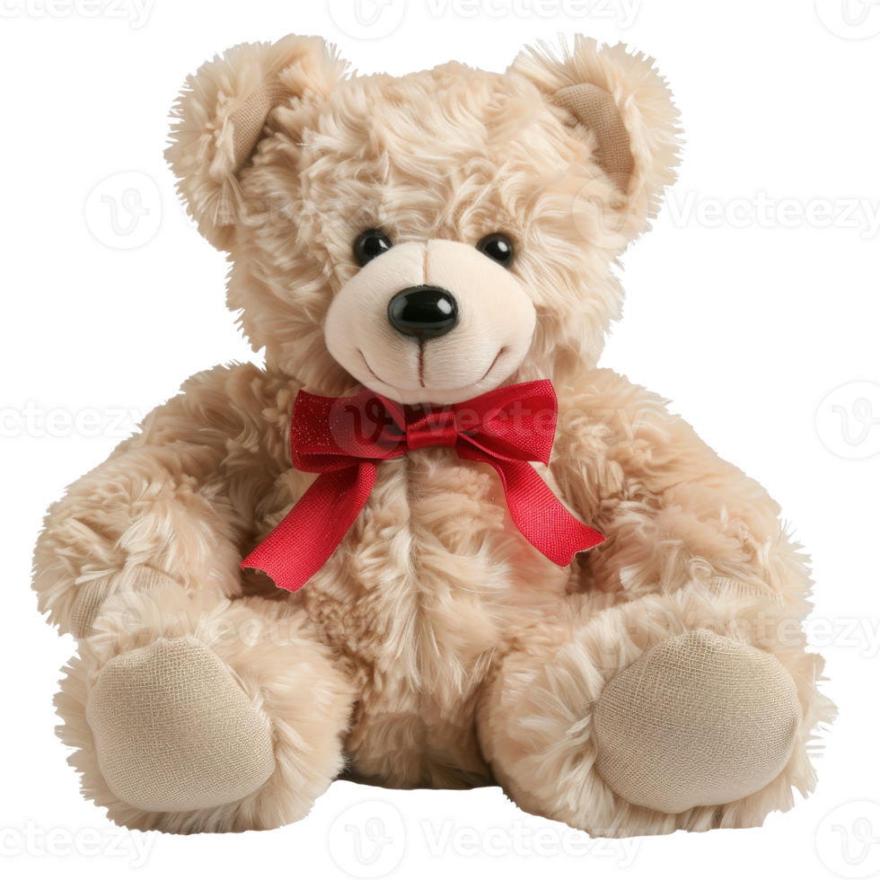 Adorable plush teddy bear with red ribbon sitting upright, perfect for gifts, children's room decor, and cuddly companions png