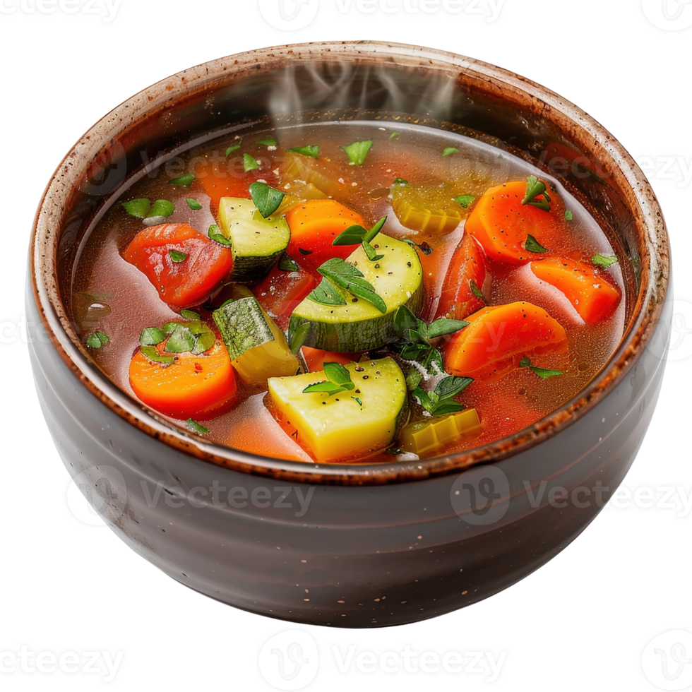 Fresh and Colorful Vegetable Soup with Parsley in a Rustic Bowl on a White Background png