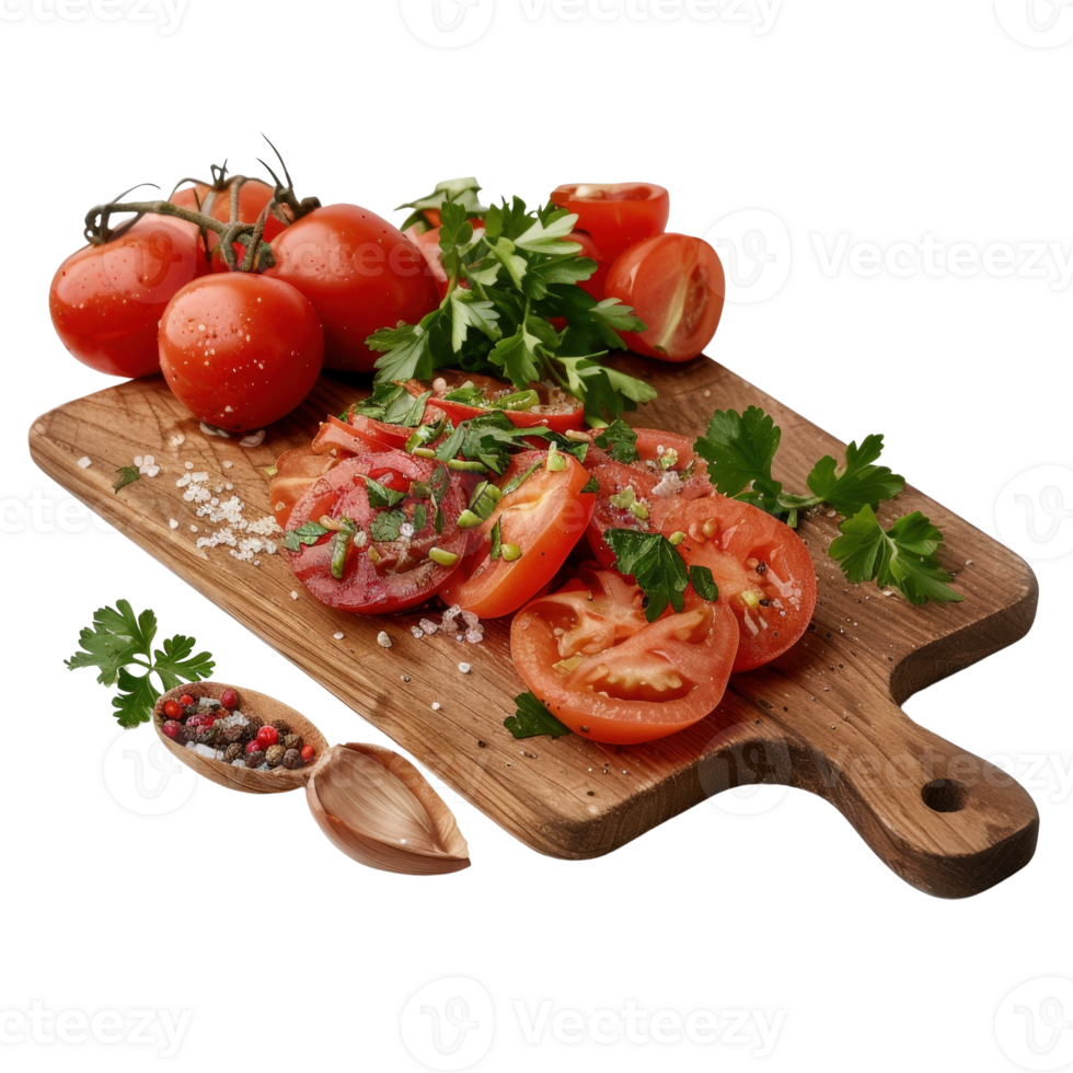 Fresh Sliced Tomatoes with Herbs and Spices on Wooden Cutting Board for Culinary Presentation and Food Photography png