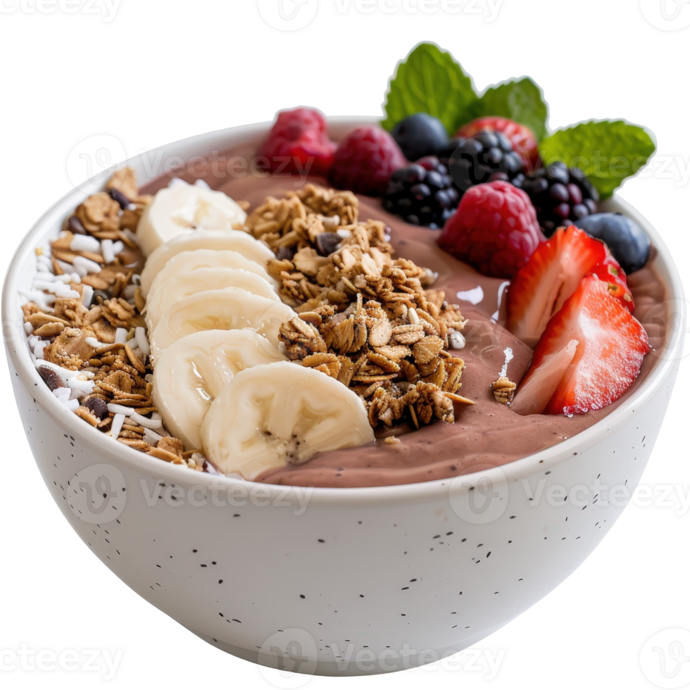 Creamy Chocolate Smoothie Bowl Topped with Fresh Fruits and Crunchy Granola in a Rustic White Bowl png