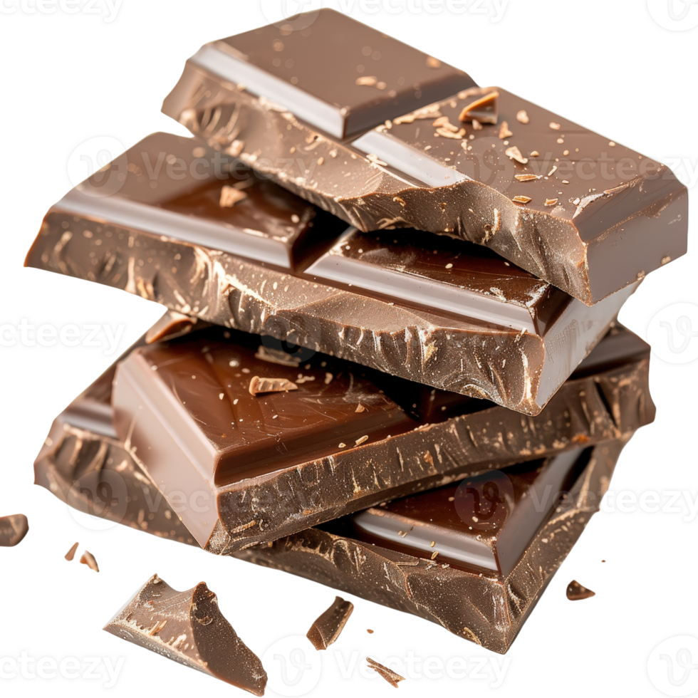Stacked Pieces of Rich Dark Chocolate with Shiny Surface and Delicate Shavings Ready for Delicious Treats and Desserts png