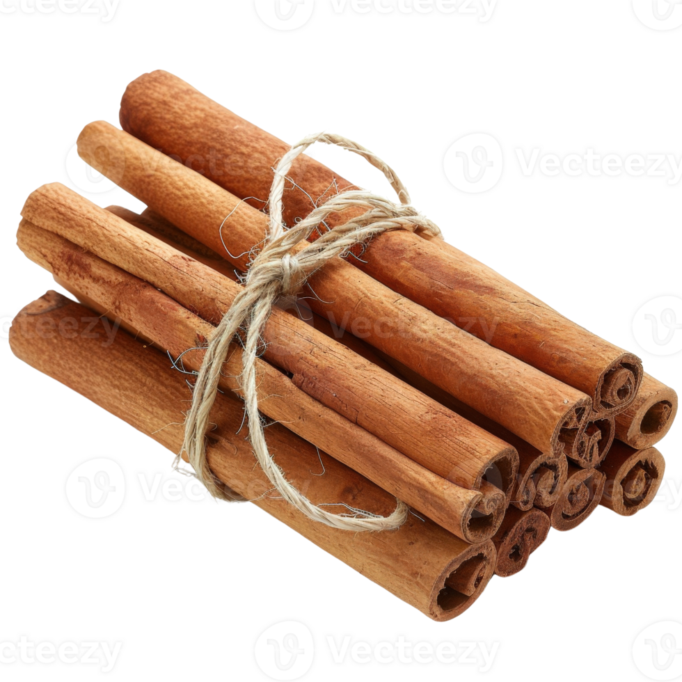 Freshly harvested cinnamon sticks bundled with jute twine, perfect for culinary and aromatic purposes in kitchen settings png