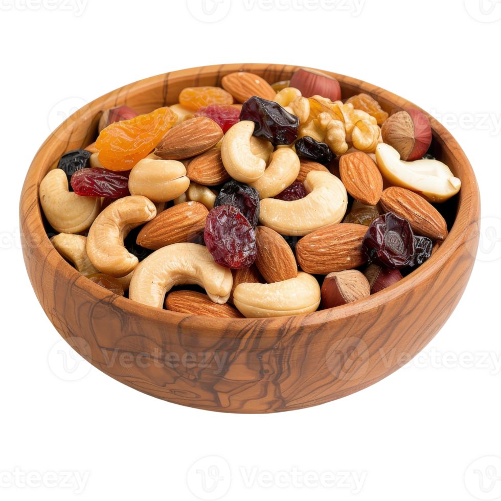 Gourmet Mix of Dried Fruits and Nuts in a Wooden Bowl Perfect for Healthy Snacking and Culinary Uses png