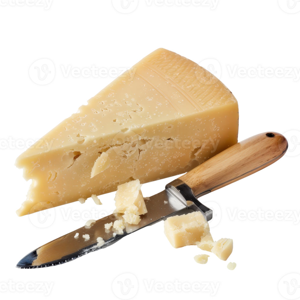 Aged Cheese Wedge with Knife on White Background for Culinary and Food Photography png