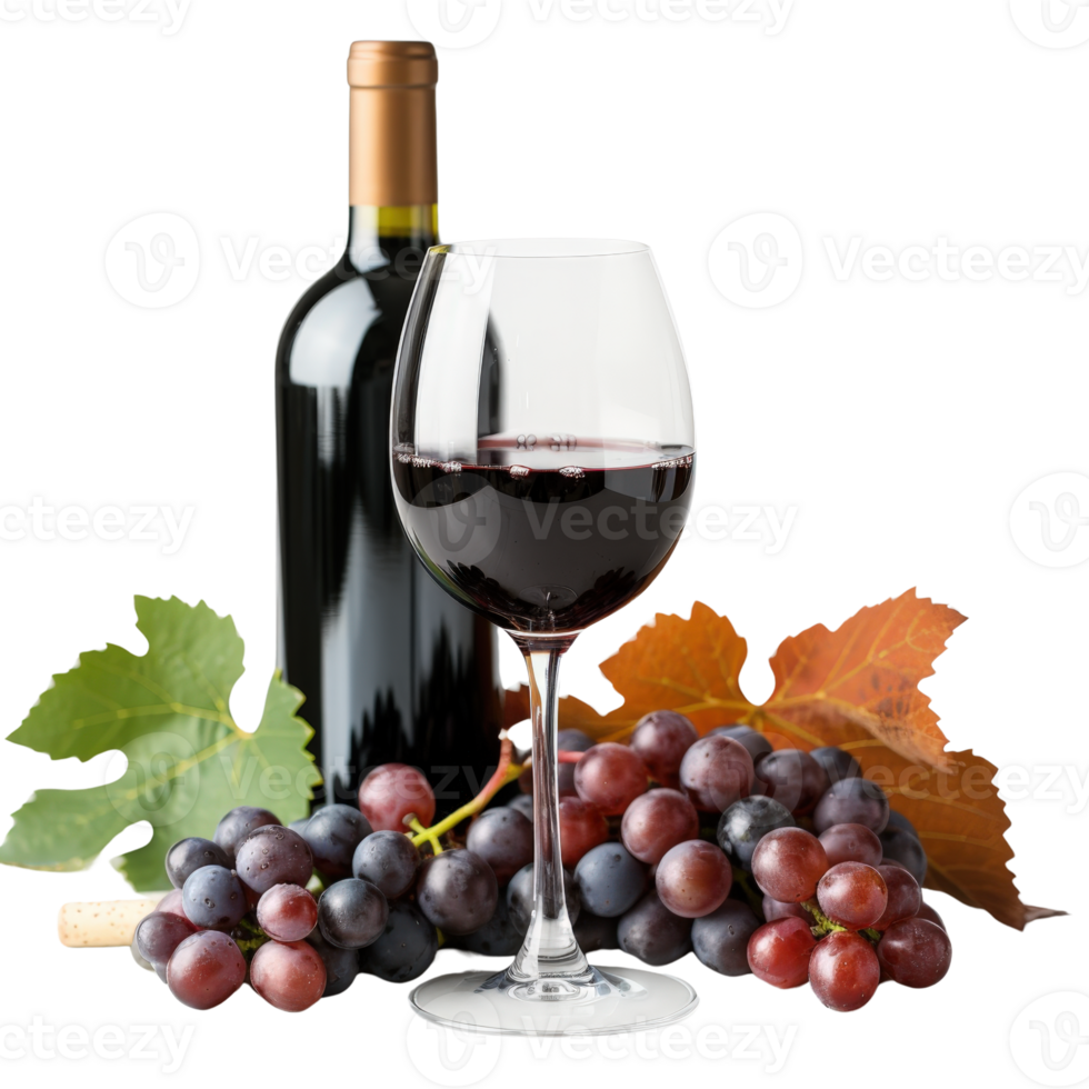Elegant red wine glass with a bottle, fresh grapes, and autumn leaves on a bright background for culinary and lifestyle themes png