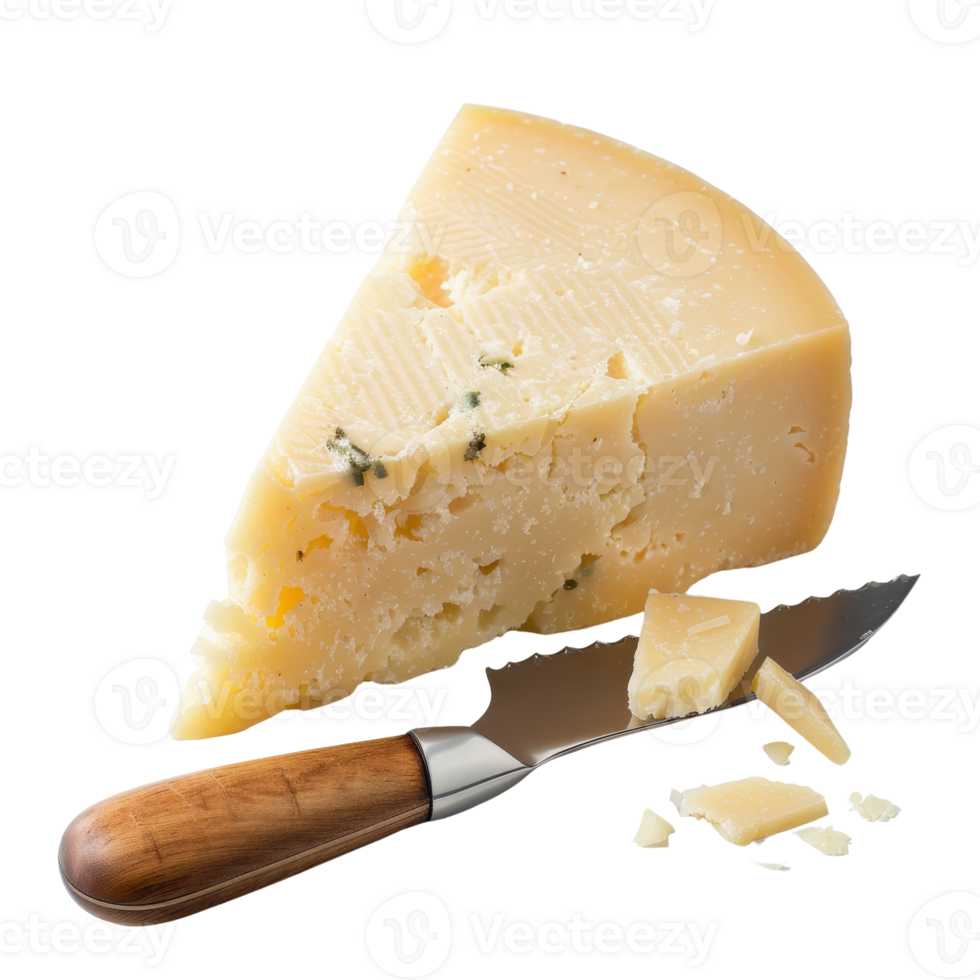 Freshly Cut Artisan Cheese Block with Knife on White Background for Culinary and Food Photography Use png