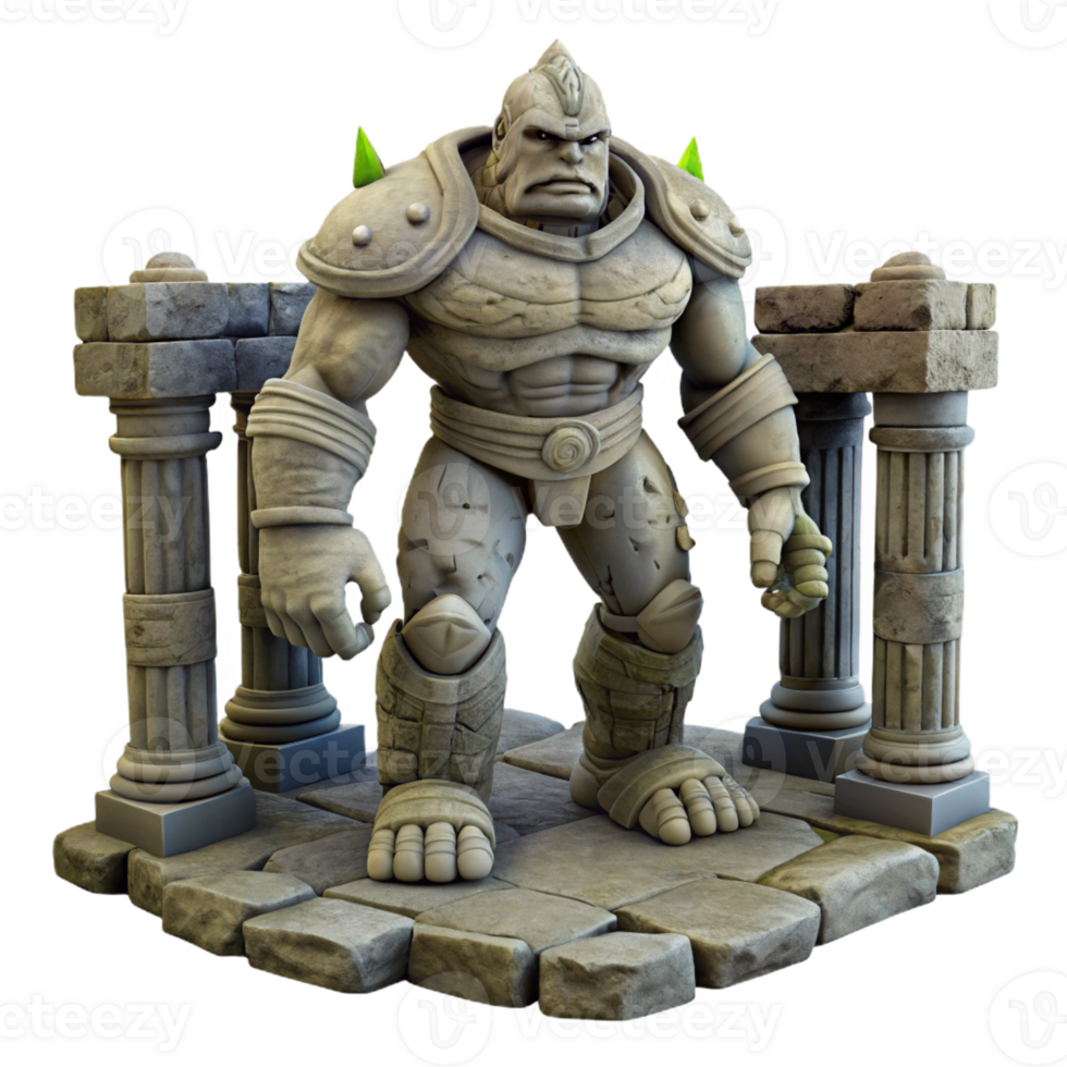 impressive minimalist A stoic golem, made of ancient stone, standing guard in a ruined temple. Art style Dark Fantasy original png
