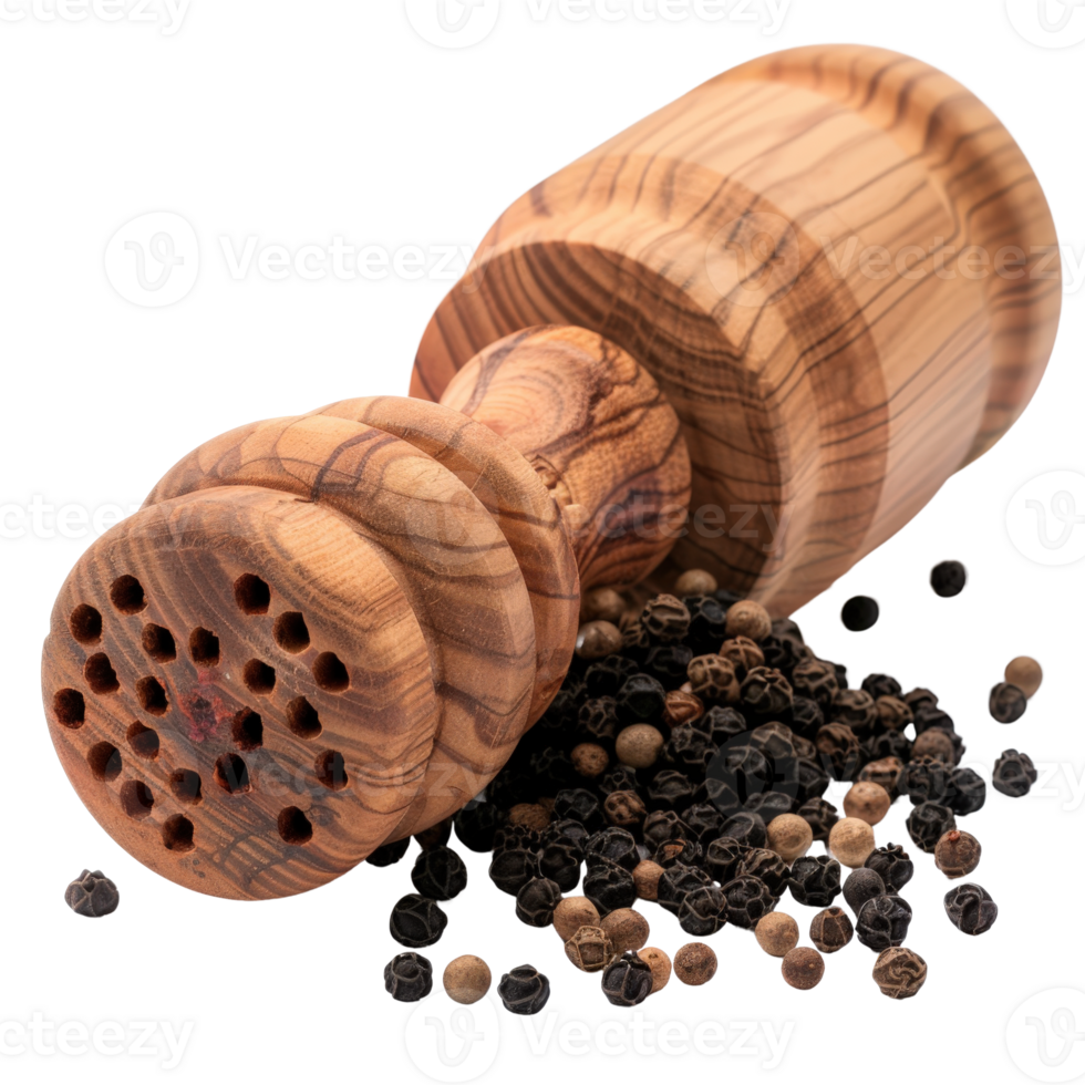 Wooden Pepper Mill with Ground Pepper and Whole Peppercorns on White Background for Culinary Use png