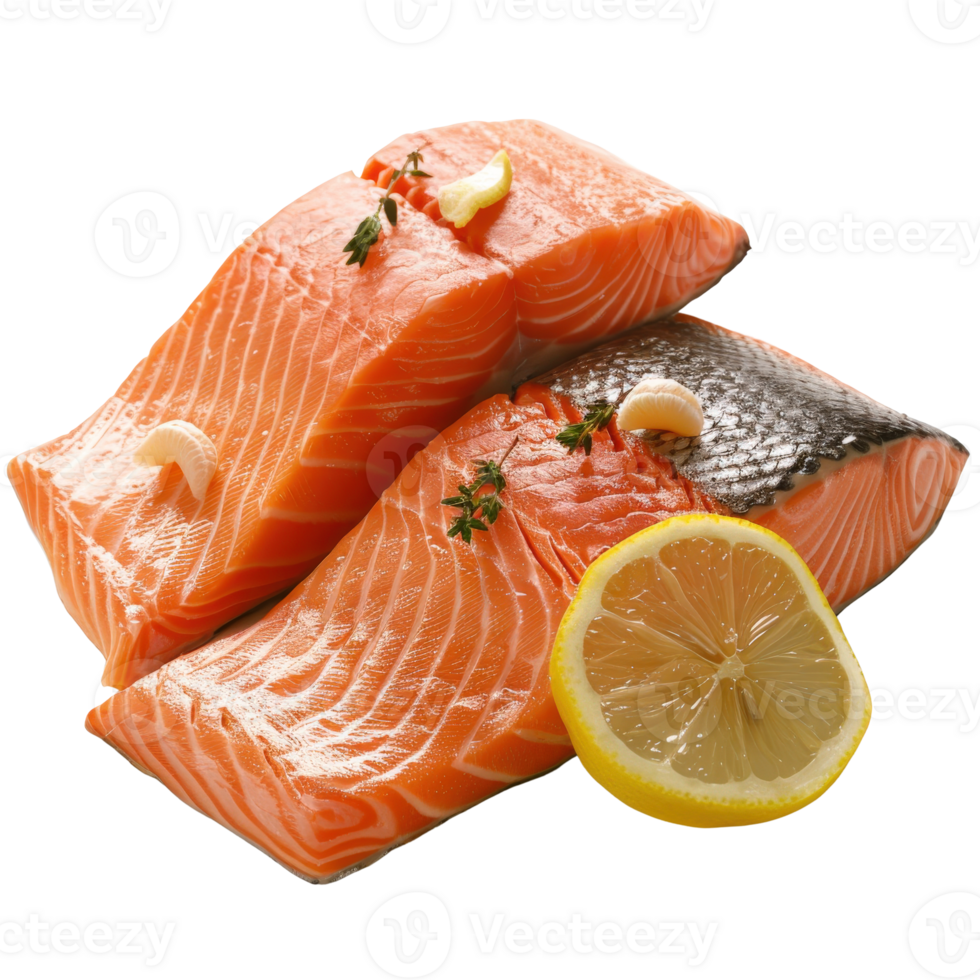 Fresh Salmon Fillets with Lemon Slice and Thyme Garnish on White Background for Culinary Themes and Healthy Eating png