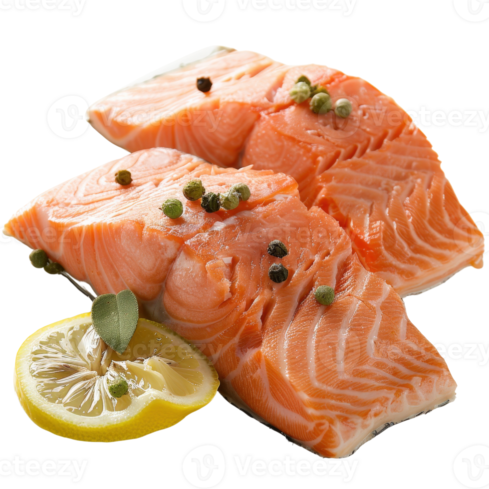 Fresh Raw Salmon Fillet with Lemon Slice and Peppercorns on White Background for Culinary Themes png